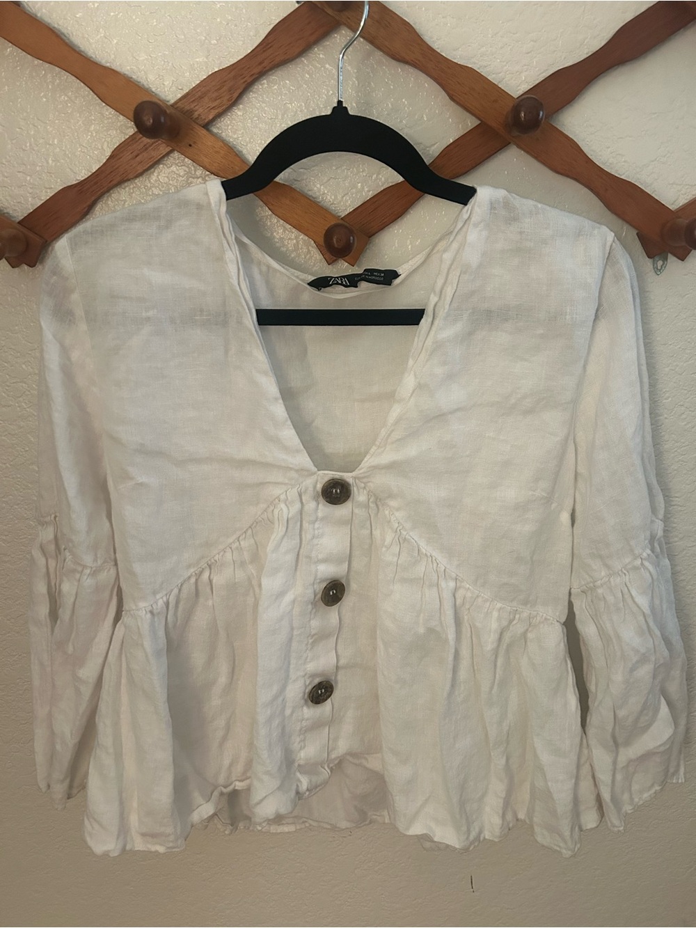 Zara White Linen Button-Front Peplum Blouse